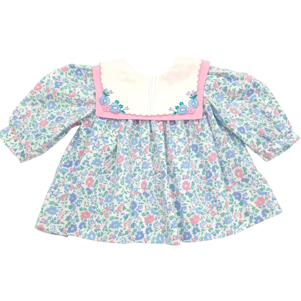 Vintage Baby Girl Floral Embroidered Collar Dress Size 6-9 Months